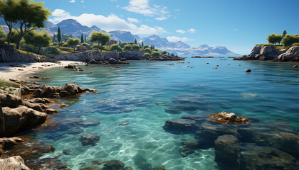 Canvas Print - Tranquil summer coastline, mountain peak reflected in clear waters generated by AI