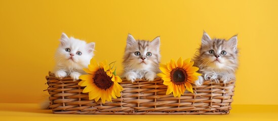 Wall Mural - Chinchilla Persian kittens in sunflower basket on yellow background