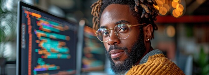 A programmer at an office, coding away.