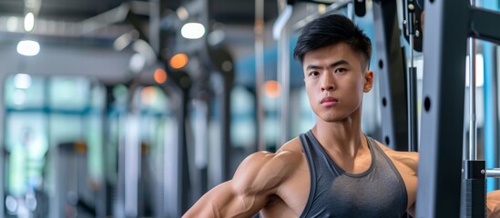 Sticker - Young Asian man exercising in the gym, maintaining strong muscles for health in a gym or stadium.