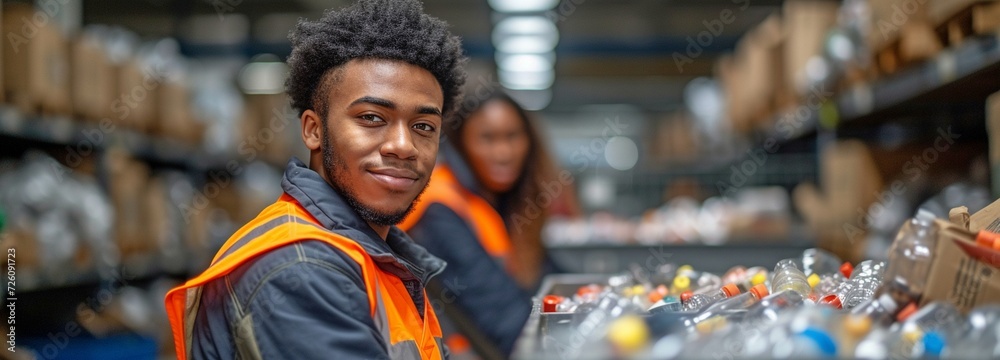 Garbage sorting and recycling concept: interracial sorters wearing ...