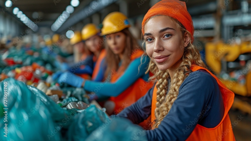 Garbage sorting and recycling concept: interracial sorters wearing ...