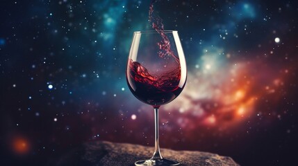 Dramatic splash of red wine in a glass set against a cosmic starry background.