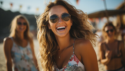 Wall Mural - Young women enjoying a carefree summer weekend, smiling and laughing generated by AI