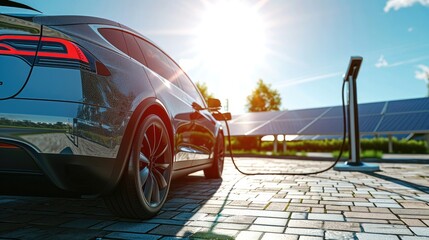 An electric car charging at a station, sleek modern design, bright sunlight reflecting off the car's surface, solar panels in the background under a clear blue sky