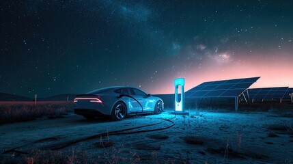 electric car plugged into a charging station, with advanced solar panels in the background, under a starry night sky milky way