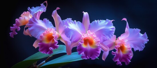 Sticker - Cattleya orchid in pink and purple on a dark backdrop.