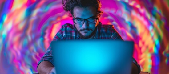 Poster - Focused young man multitasking on computer with vibrant backdrop