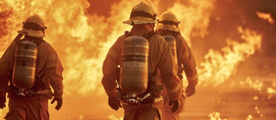 Poster - Firefighters rehearse combatting fires through team fire drills.