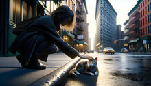 Woman Caressing The Head Of A Stray Cat Lounging On The Side Of A Road In New York City, With Natural Light Enhancing The Warmth And Detail Of The Moment