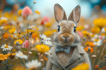 A dashing bunny in a sleek suit and bowtie, amidst a vibrant field of flowers and a serene blue sky. Created with generative AI.
