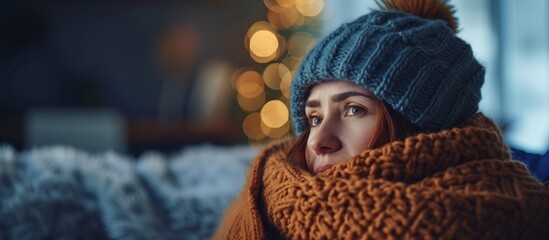 Poster - Bundled up woman in a chilly house conserving energy