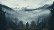 Mirror image of a person in a misty forest, creating a symmetrical and mysterious mood.