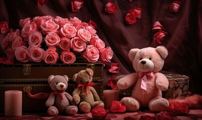 Wall Mural - Valentine's day background with roses and teddy bear.