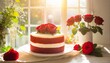 Bolo red velvet grande em prato branco para bolos. Guardanapo para decorar a cena. Plantas e Rosas na decoração. Janela de uma cozinha. Luz forte pela janela.