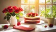 Bolo red velvet grande em prato branco para bolos. Guardanapo para decorar a cena. Plantas e Rosas na decoração. Janela de uma cozinha. Luz forte pela janela.