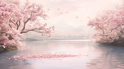 Wall Mural - Spring Cherry Blossoms by a Serene River Landscape