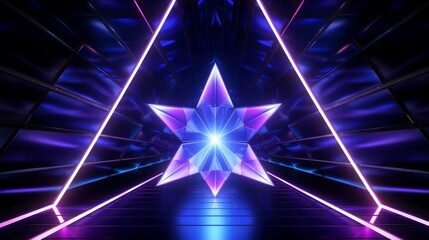 Poster - Futuristic corridor with reflective surfaces and a glowing neon star, combining modern design with science fiction elements.