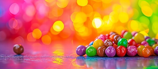 Poster - Colorful Skittles candy displayed on a table with a vibrant sweet background.