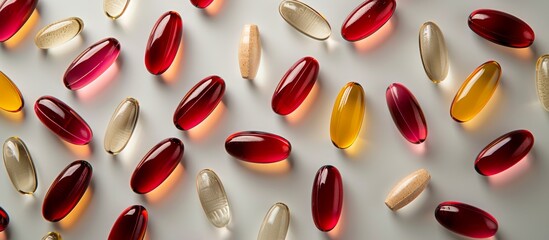 Canvas Print - Flat lay of numerous gelatin capsules on a light grey backdrop.