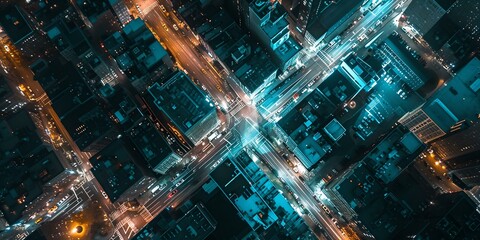 Wall Mural - Nighttime aerial view of a bustling city intersection. urban landscape. glowing streets. aerial photography. modern city vibes. AI