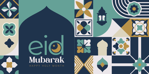 Sticker - Islamic festival poster background design in flat geometric style, arabic calligraphy, crescent moon and lantern. Suitable for Ramadan Kareem , Hari Raya, Eid Mubarak, Eid al Adha.