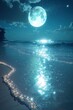 A Light Blue Beach Adorned with Colored Glowing Glass, Serene Ocean, Moonlight, and Sparkling Stars.
