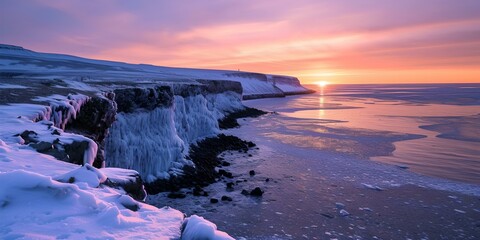 Poster - A serene winter sunset at a snow-covered coastline. a tranquil landscape capturing the beauty of nature. perfect for calming visuals. AI