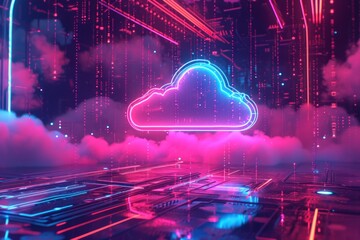 Poster - neon cloud computing symbol on futuristic technology background.