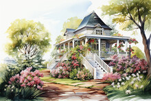 Watercolor Painting Of Beautiful House And Front Yard Garden. Landscape Painting With Building, Country Style House, Courtyard, Garden, Colorful Flowers, Pathway, White Fence, Trees And Bright Sky