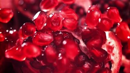 Wall Mural - Pomegranate seeds fall on a piece. Filmed on a high-speed camera at 1000 fps. High quality FullHD footage