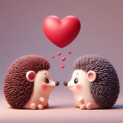 Wall Mural - Two small round hedgehogs on Valentine's day, a big red heart and small hearts, neutral dark background, 3D