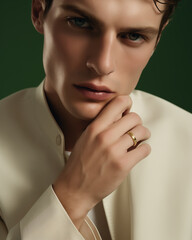 Fashionable portrait of a young man in a beige coat. Studio shot. in the style of gold and light emerald jewelry. Fashion magazine photo shoots.	
