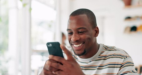 Poster - Cafe, phone and happy black man reading on social media, network or funny meme online. Smartphone, smile and African person in restaurant, scroll on mobile app and communication on digital technology