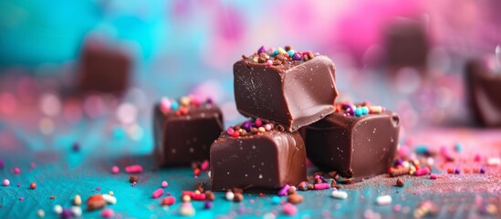 Poster - Chocolate marshmallow in focus on vibrant backdrop.