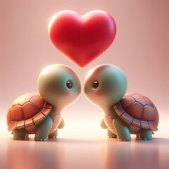 Wall Mural - Two little turtles met on Valentine's day, big red heart, neutral background, 3D