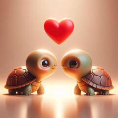 Wall Mural - Two very small cute turtles met on Valentine's day, big red heart, neutral background, 3D