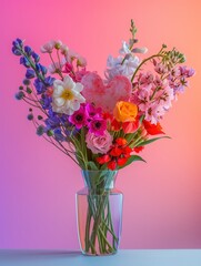 fantastic lush and bright heart shaped flower bouquet standing in the vase, isolated on colored back