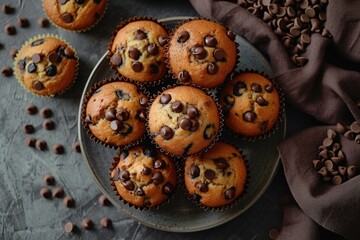 Wall Mural - Chocolate chip muffins on gray plate.