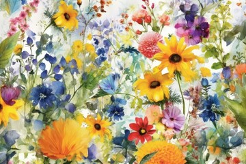 Poster - A happy, sunny watercolour background of various densely packed European summer blossoms