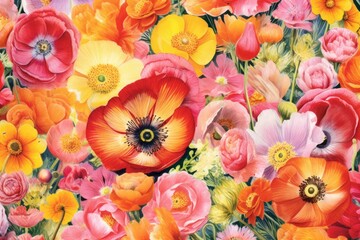 Poster - A happy, sunny watercolour background of various densely packed European summer blossoms
