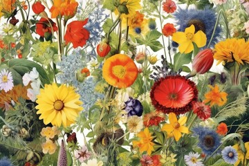 Poster - A happy, sunny watercolour background of various densely packed European summer blossoms
