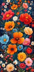 Poster - A happy, sunny watercolour background of various densely packed European summer blossoms
