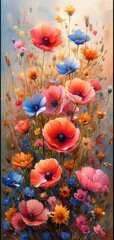 Poster - A happy, sunny watercolour background of various densely packed European summer blossoms