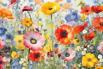 Poster - A happy, sunny watercolour background of various densely packed European summer blossoms