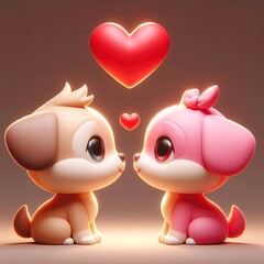 Wall Mural - Happy and in love light brown and pink puppies look at each other, big eyes, red heart, Valentine's Day, neutral dark background, 3D