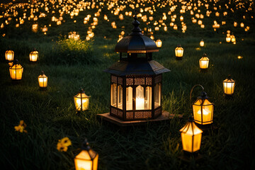 a lantern sitting on top of a lush green fieldphotography, outdoors, color image, horizontal, nature, people, adult, lantern, females, grass, leaf, rural scene, lighting equipment, illuminated, lifest