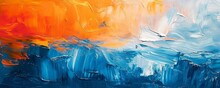 Closeup Of Abstract Rough Colorful Blue Orange Complementary Colors Art Painting Texture Background Wallpaper, With Oil Or Acrylic Brushstroke Waves, Pallet Knife Paint On Canvas, Generative AI
