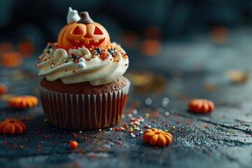 Wall Mural - Halloweenthemed cupcake with decorations on dark background.