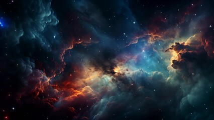 a stunning view of a cosmic nebula, displaying vibrant hues and starlight in deep space